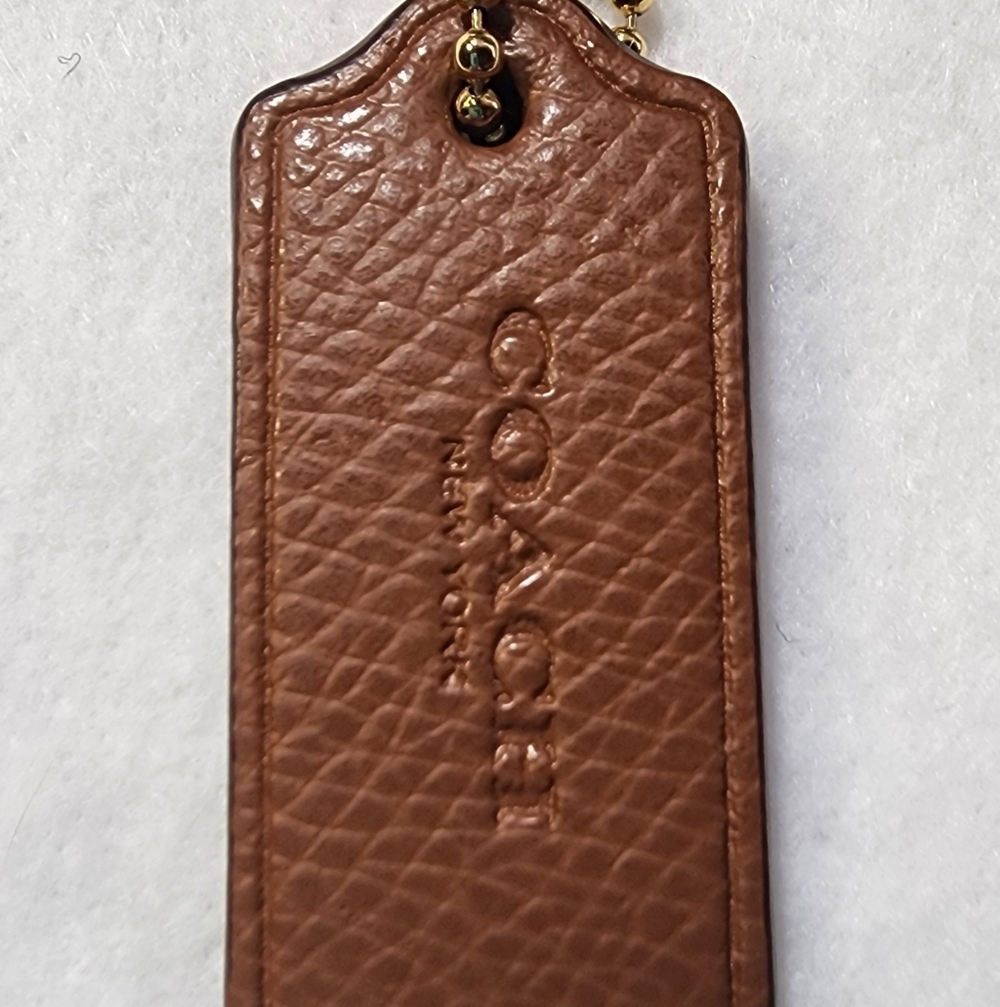 COACH Pebbled Leather Brown Luggage Tag with Gold Chain